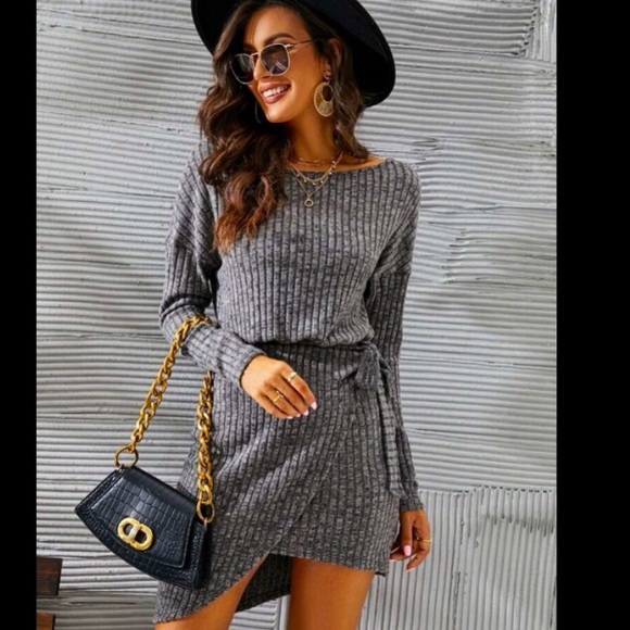 👑NEW WOMEN’S DARK GREY SWEATER DRESS WITH WAIST TIES! - Picture 7 of 7